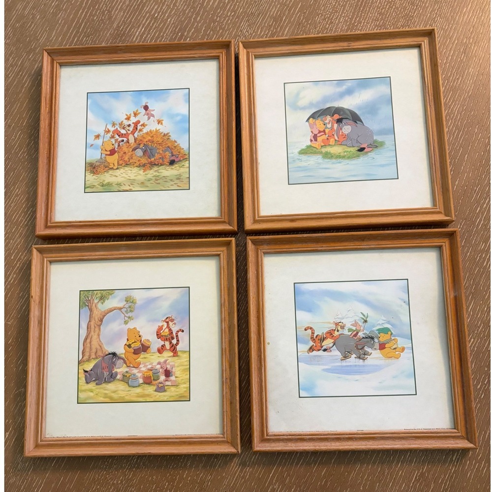 Vintage 1999 Disney Four Seasons of Winnie the Pooh Framed Prints Set of 4 10x10